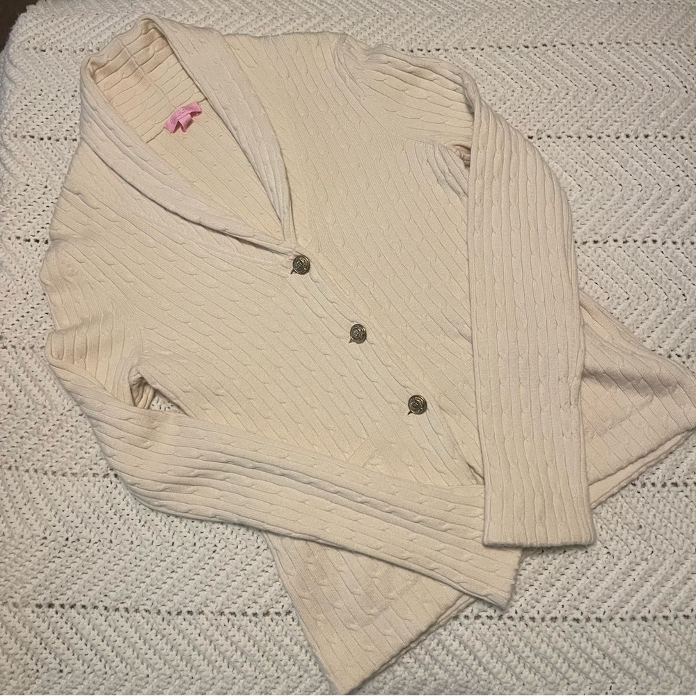 Lilly Pulitzer cream cable knit cardigan with gold buttons